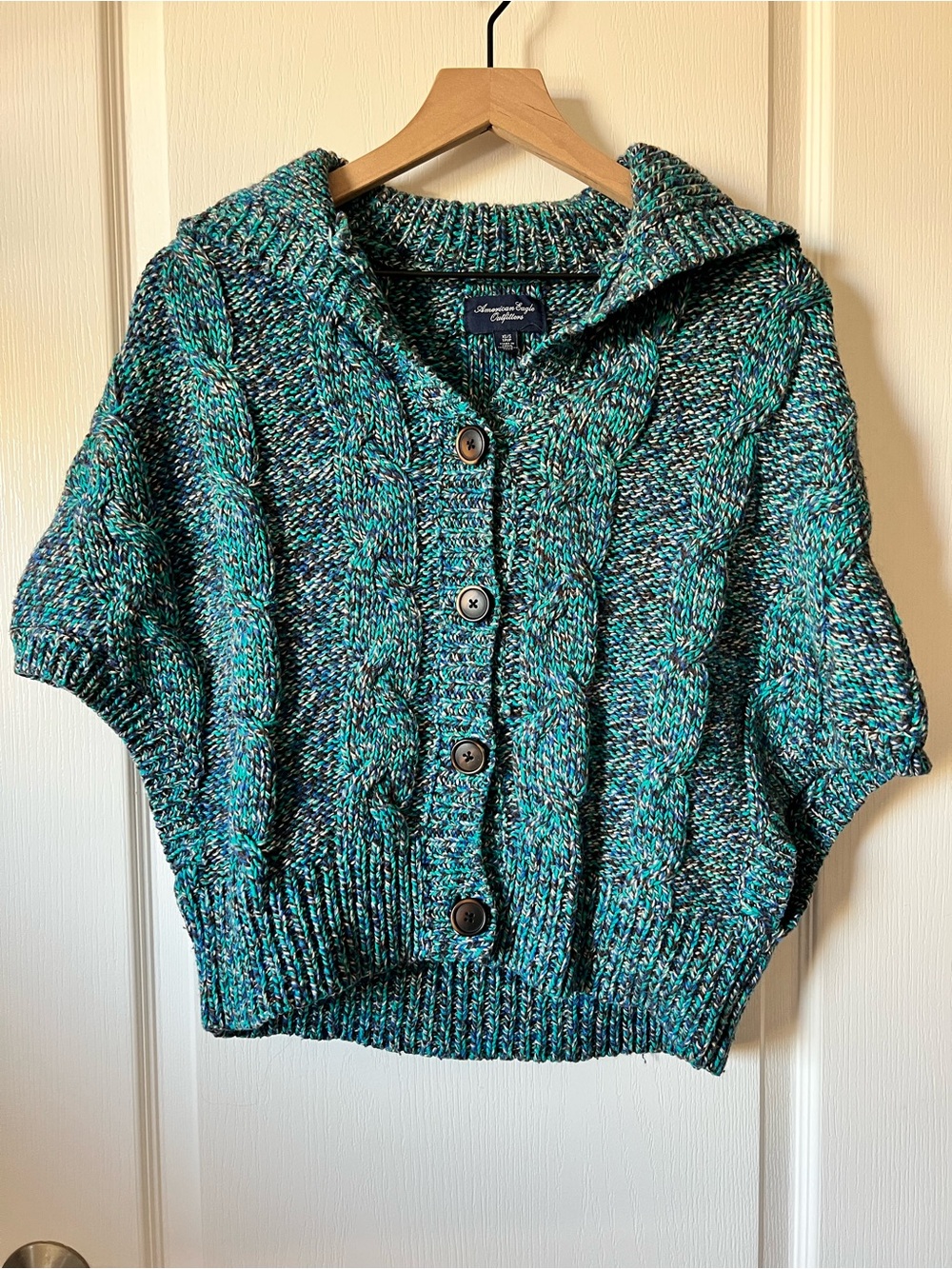 American Eagle Outfitters Teal Multicolor Cable-Knit Button-Up Poncho
